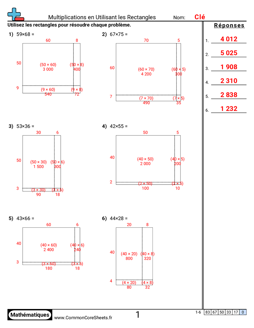 Fiches d'Exercices de Multiplications - Multiplier en utilisant des tableaux worksheet
