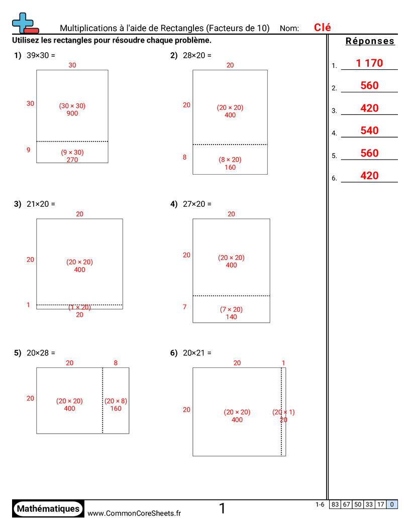 Fiches d'Exercices de Multiplications - Multiplier en utilisant des tableaux (facteurs de 10) worksheet