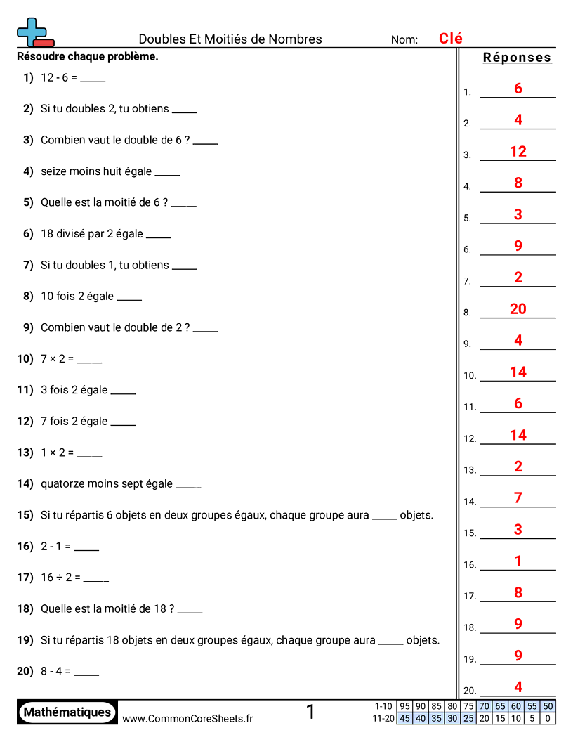 Fiches d'Exercices de Multiplications - Doubles et moitiés worksheet