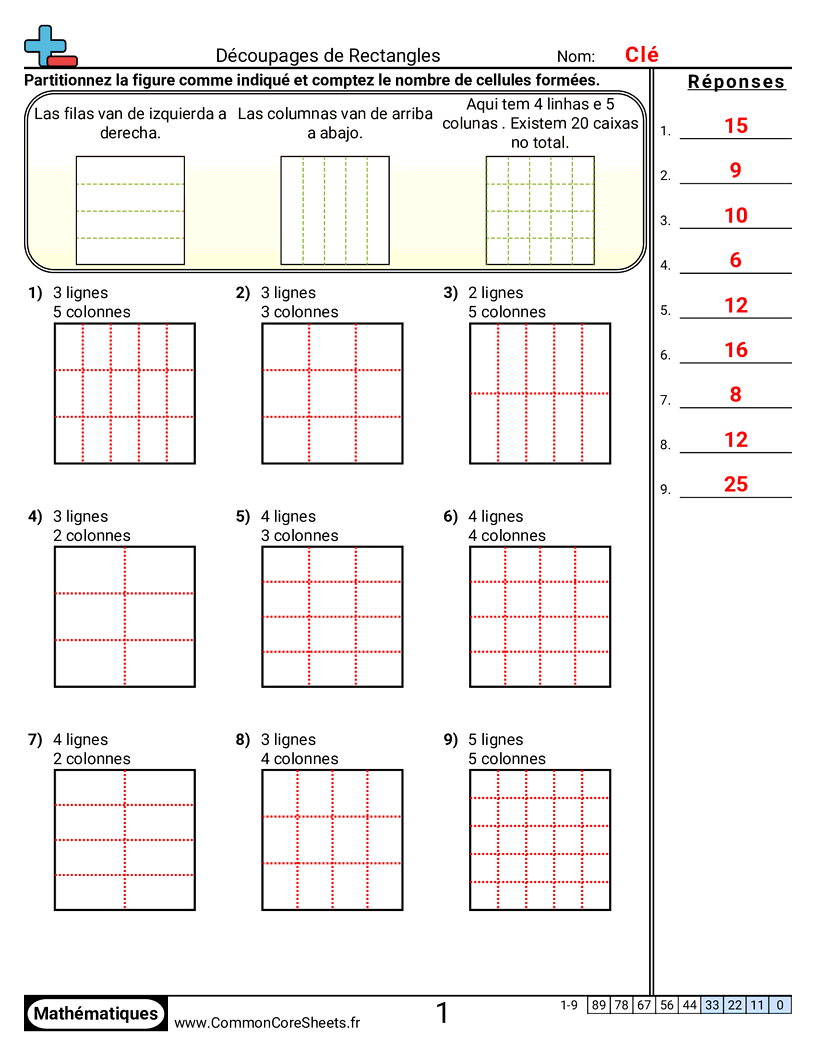 Fiches d'Exercices de Multiplications - Partitionner des rectangles worksheet