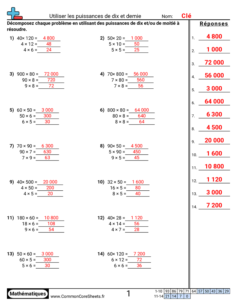 Fiches d'Exercices de Multiplications - Utiliser des puissances de dix et des moitiés worksheet