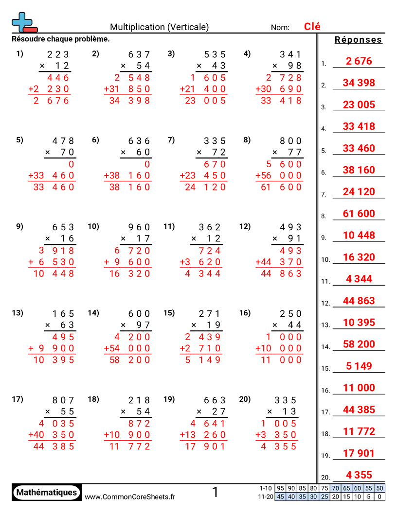 Fiches d'Exercices de Multiplications - Vertical : 3 chiffres × 2 chiffres worksheet