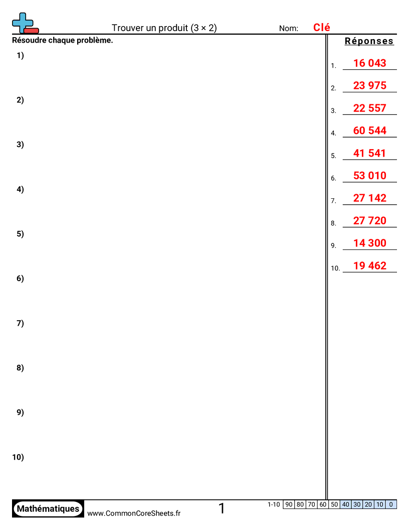Fiches d'Exercices de Multiplications - 3 chiffres × 2 chiffres worksheet