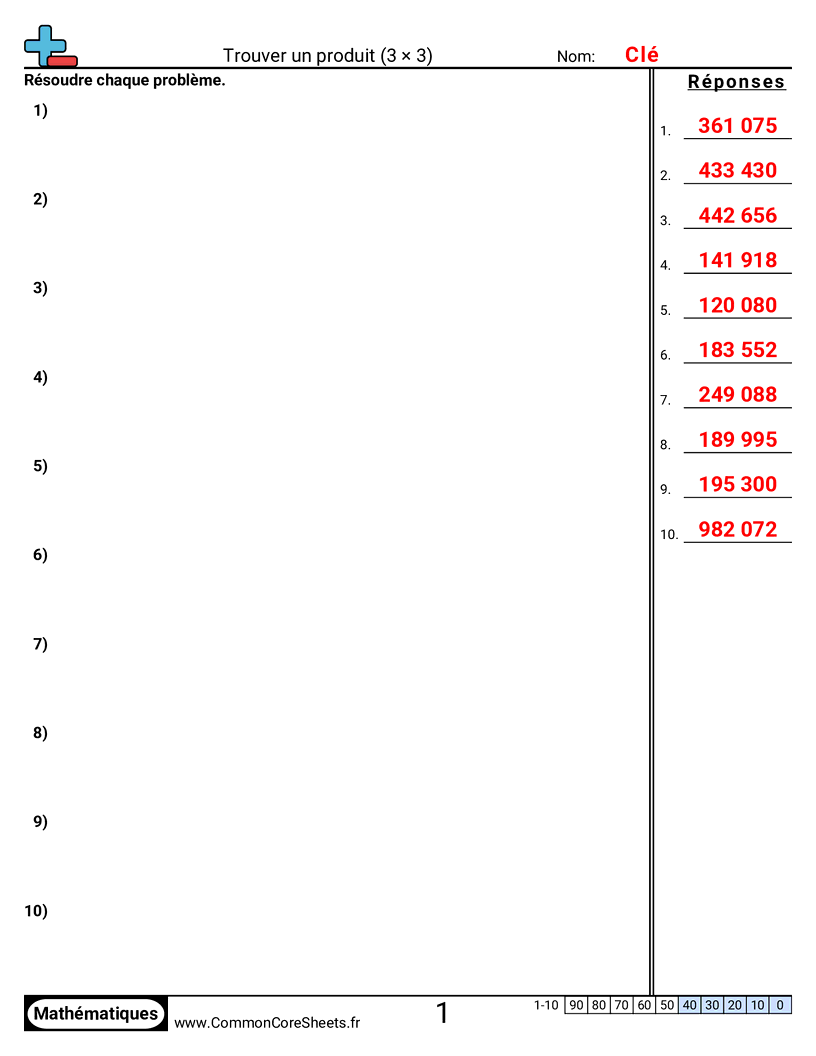 Fiches d'Exercices de Multiplications - 3 chiffres × 3 chiffres worksheet