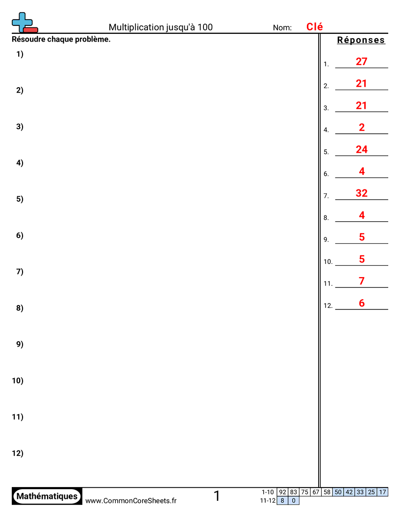 Fiches d'Exercices de Multiplications - Problèmes de comparaison multiplicative jusqu’à 100 worksheet
