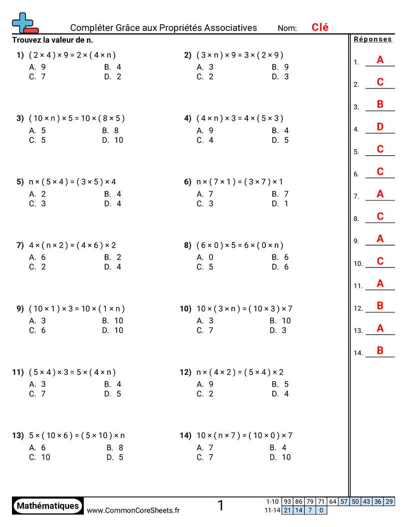 Fiches d'Exercices sur les Propriétés - Compléter la propriété associative worksheet