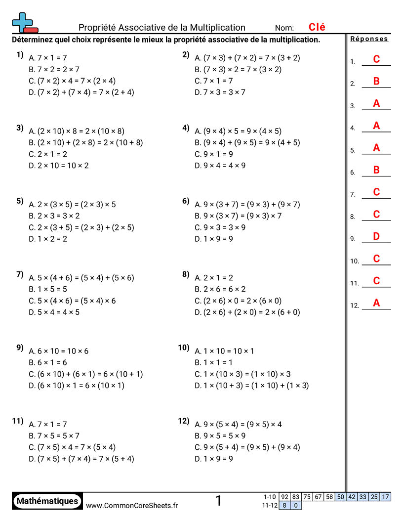 Fiches d'Exercices sur les Propriétés - Propriété associative - choix multiple worksheet