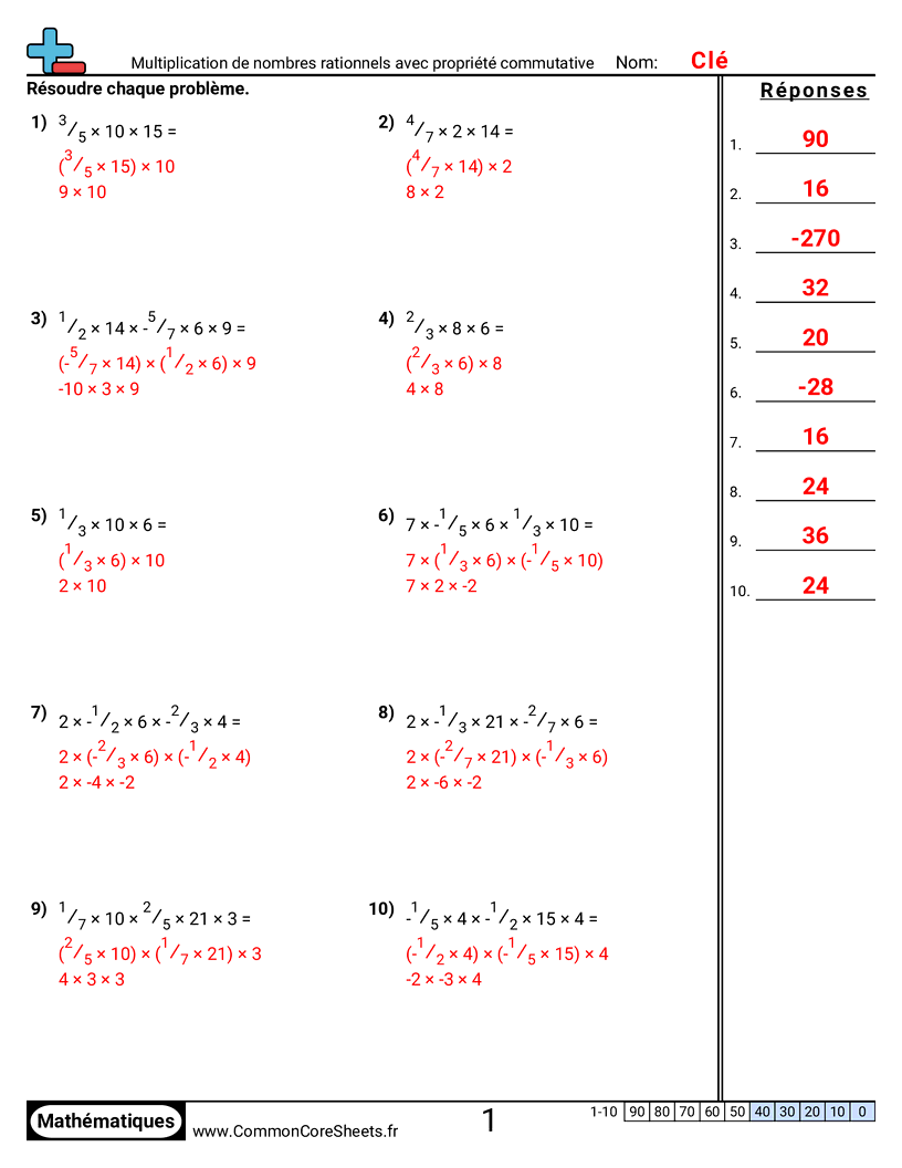 Fiches d'Exercices sur les Propriétés - Multiplication de nombres rationnels avec la propriété commutative worksheet