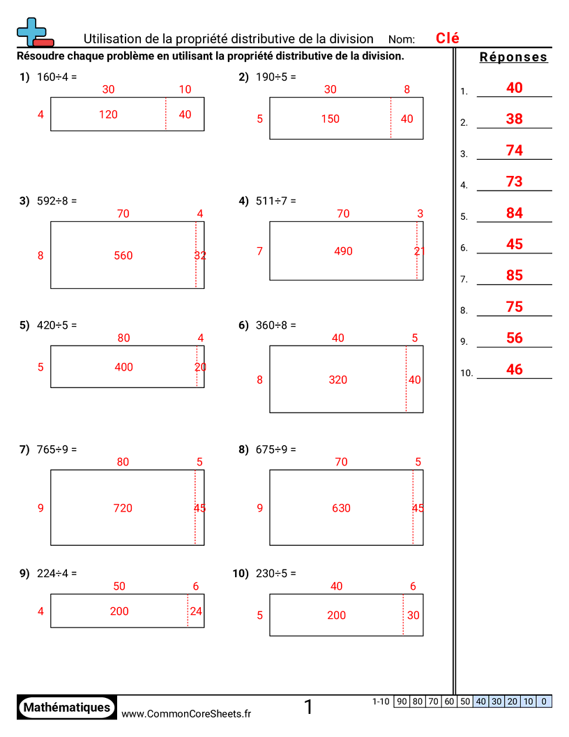 Fiches d'Exercices sur les Propriétés - Utiliser la propriété distributive de la division (avec tableau) worksheet