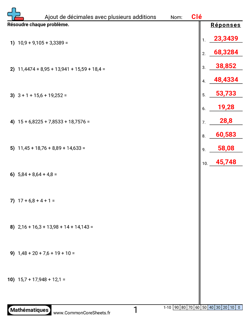 Fiches d'Exercices avec Nombres Décimaux - Additionner plusieurs addends worksheet
