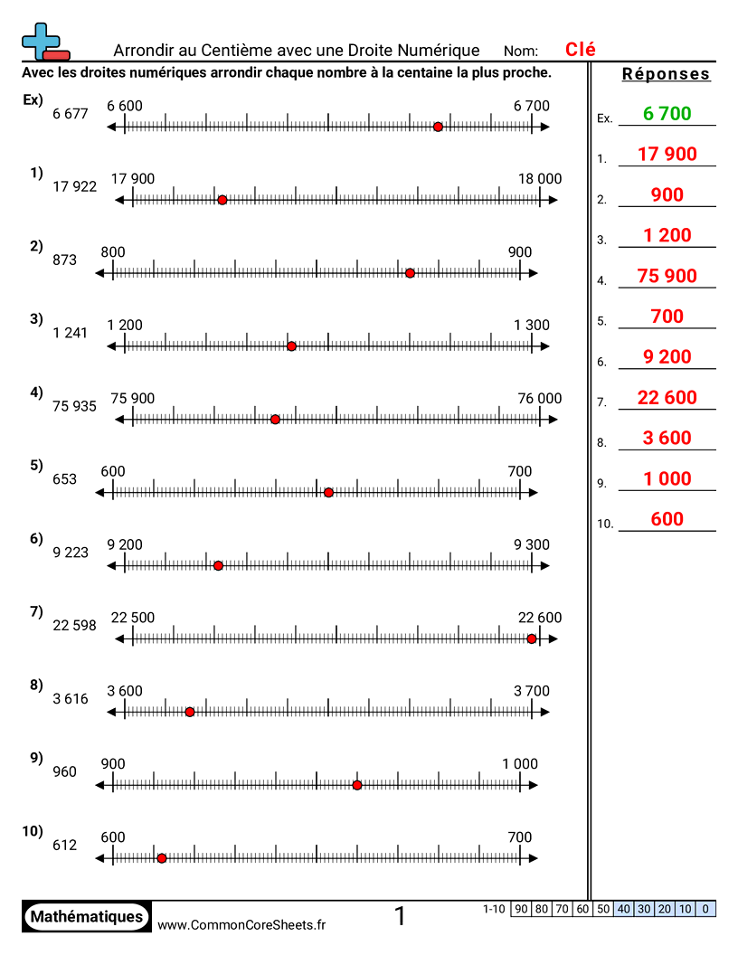 Fiches d'Exercices sur les Arrondis - Arrondir aux centaines avec droite numérique worksheet