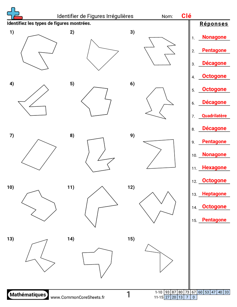 Fiches d'Exercices sur les Figures - Formes irrégulières (4 à 10 côtés) worksheet