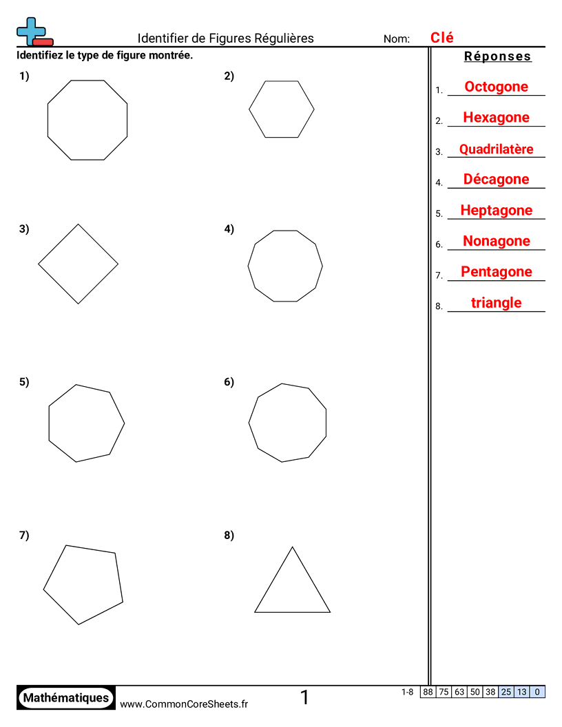 Fiches d'Exercices sur les Figures - Formes régulières (3 à 10 côtés) worksheet