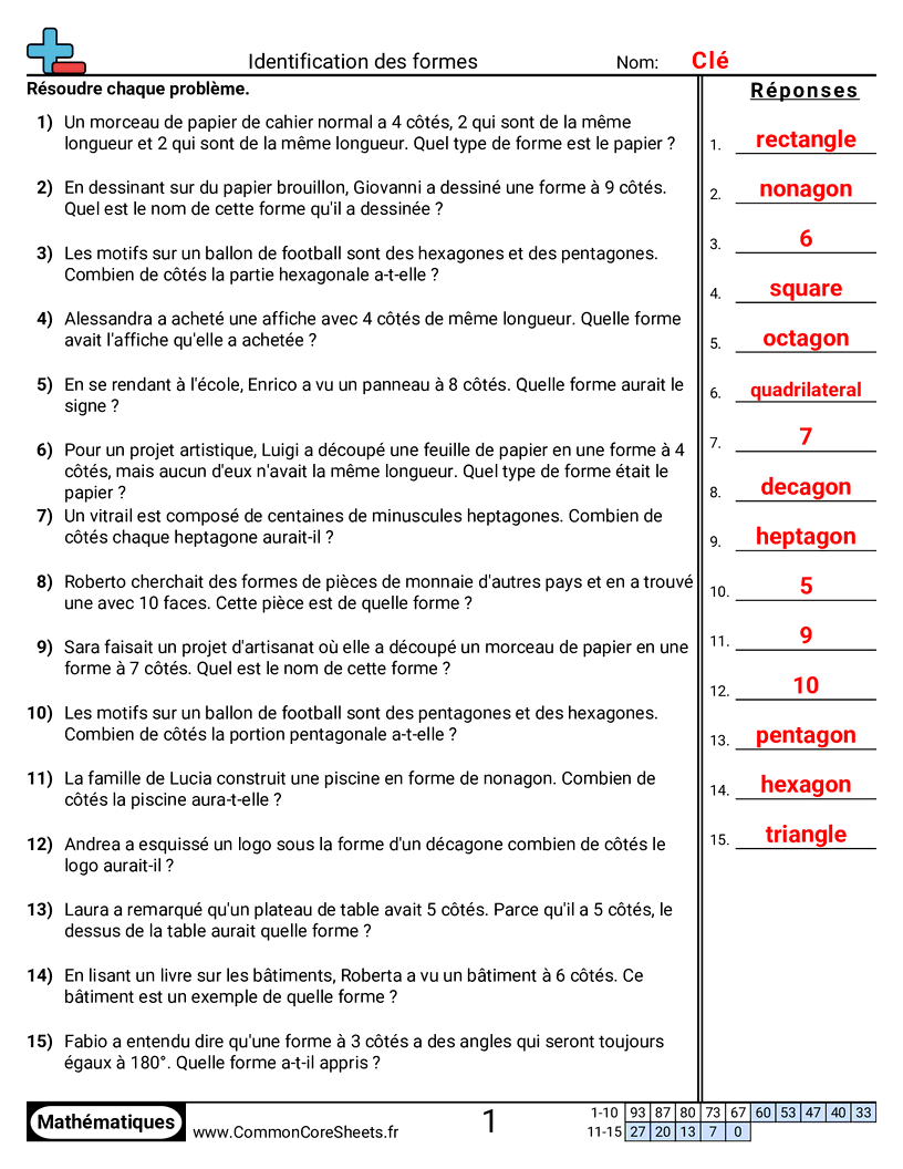 Fiches d'Exercices sur les Figures - Problèmes (3 à 10 côtés) worksheet