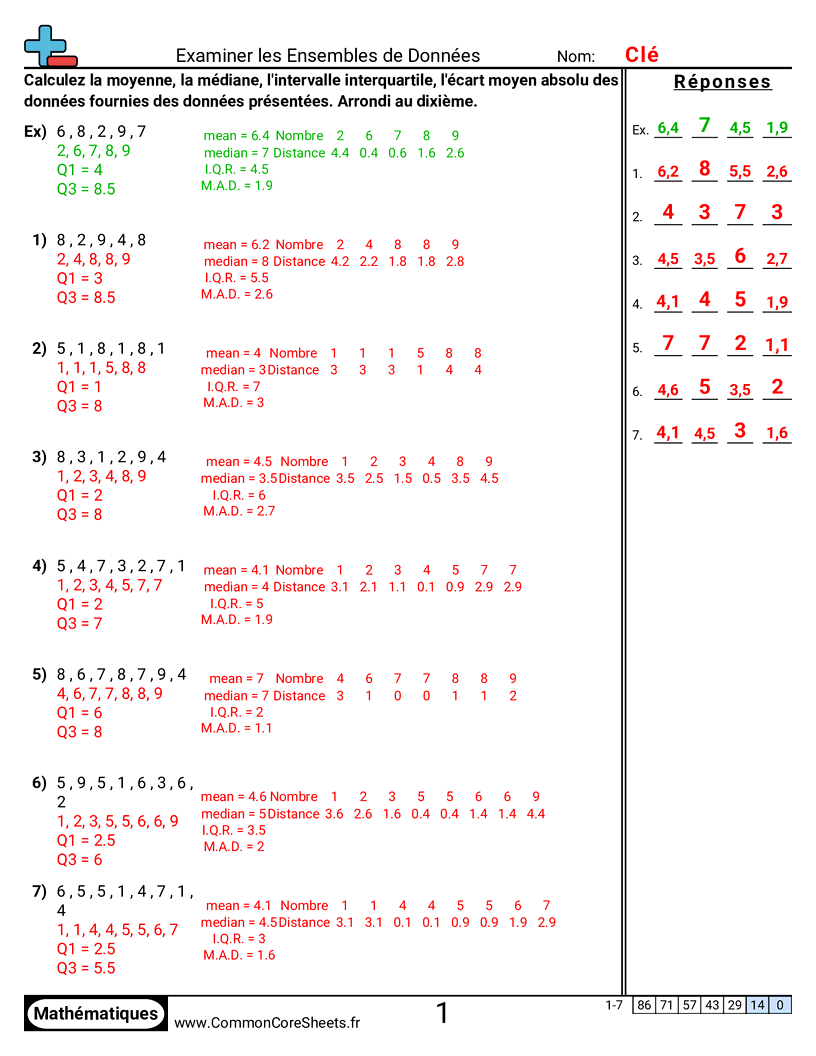 Fiches d'Exercices sur les Statistiques - Étudier des ensembles de données worksheet