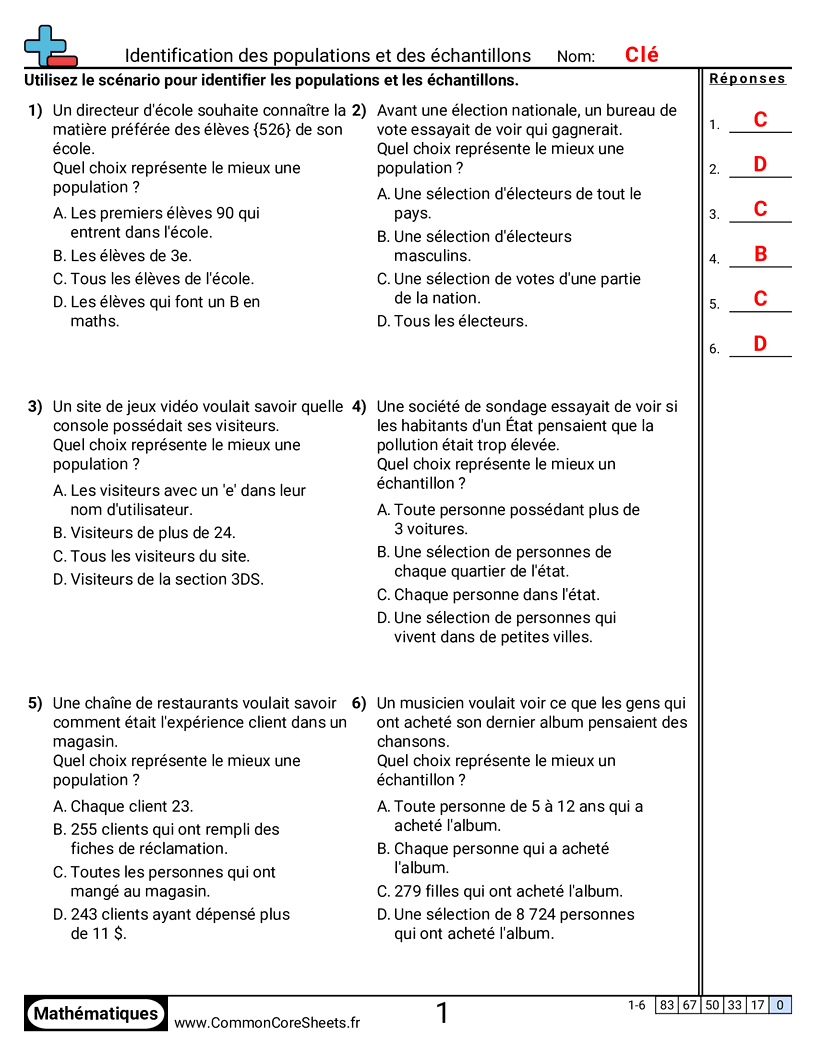Fiches d'Exercices sur les Statistiques - Identifier populations et échantillons worksheet