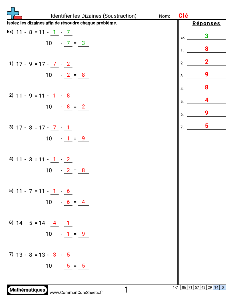 Fiches d'Exercices de Soustractions - Former des dizaines worksheet