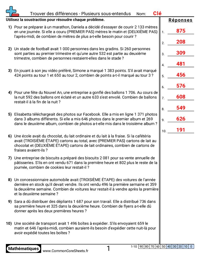 Fiches d'Exercices de Soustractions - Plusieurs soustraits worksheet