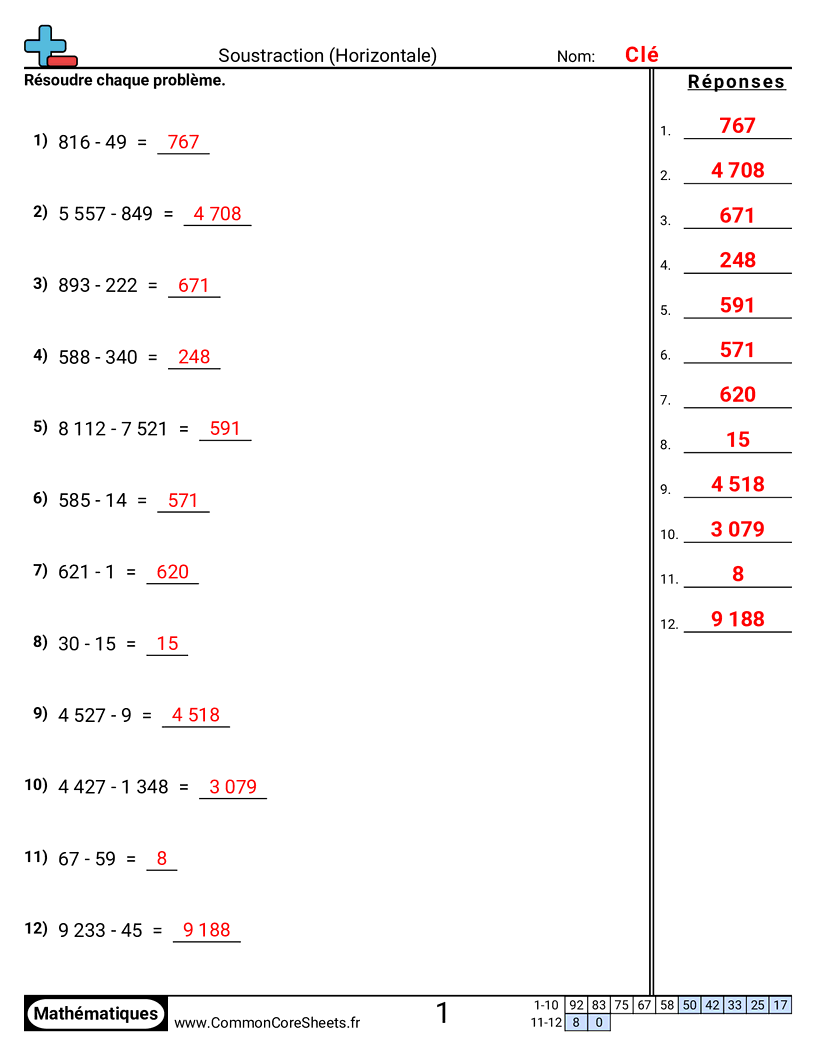 Fiches d'Exercices de Soustractions - Soustraction (horizontal) worksheet