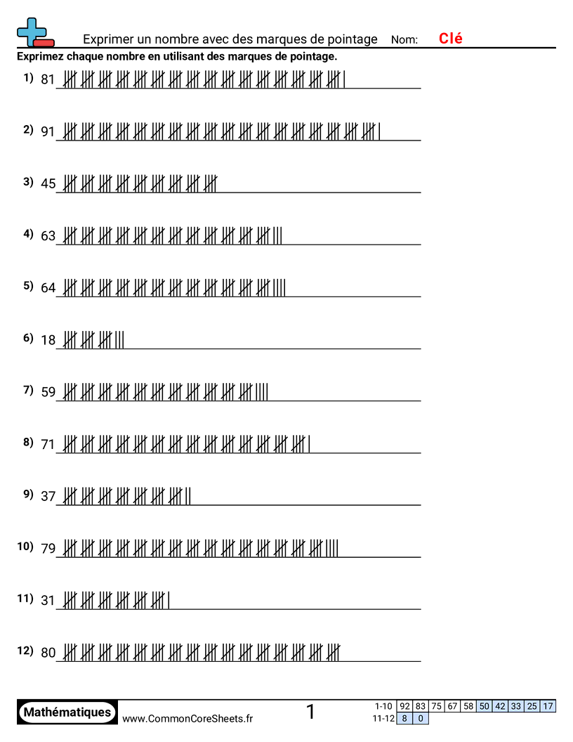 Fiches d'Exercices sur les Marques de Dénombrement - Exprimer un nombre avec des bâtons de comptage worksheet