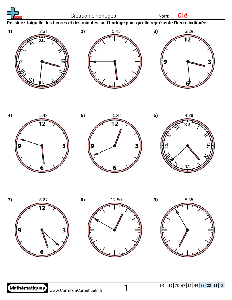 Fiches d'Exercices sur la Mesure du Temps - Créer des horloges (par minutes) worksheet
