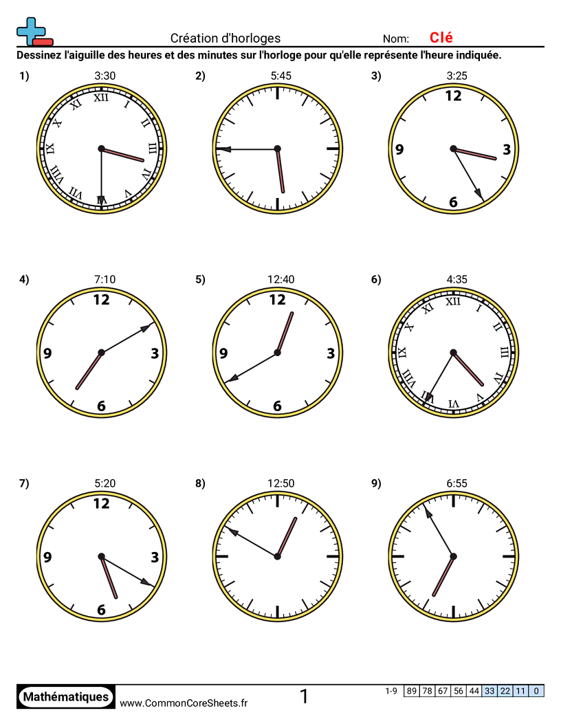 Fiches d'Exercices sur la Mesure du Temps - Créer des horloges (par tranches de 5 minutes) worksheet