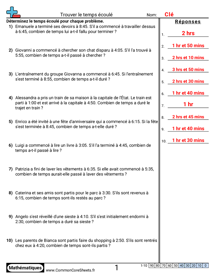Fiches d'Exercices sur la Mesure du Temps - Problèmes - multiples de 5 worksheet