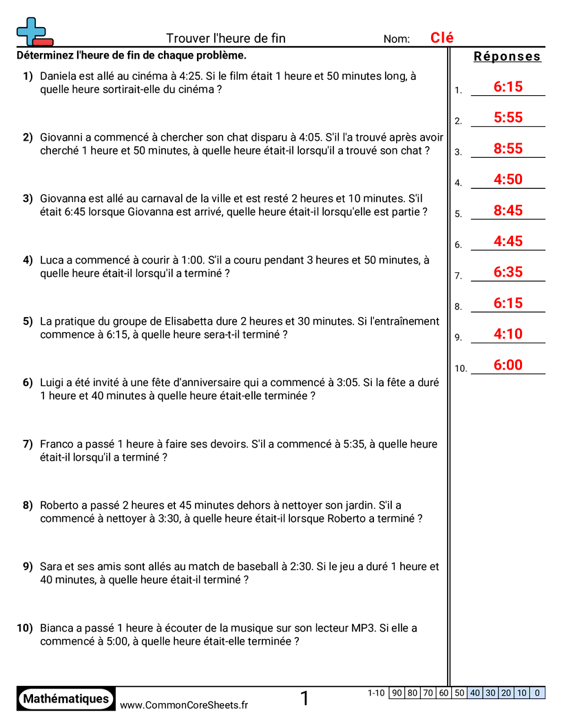 Fiches d'Exercices sur la Mesure du Temps - Problèmes worksheet