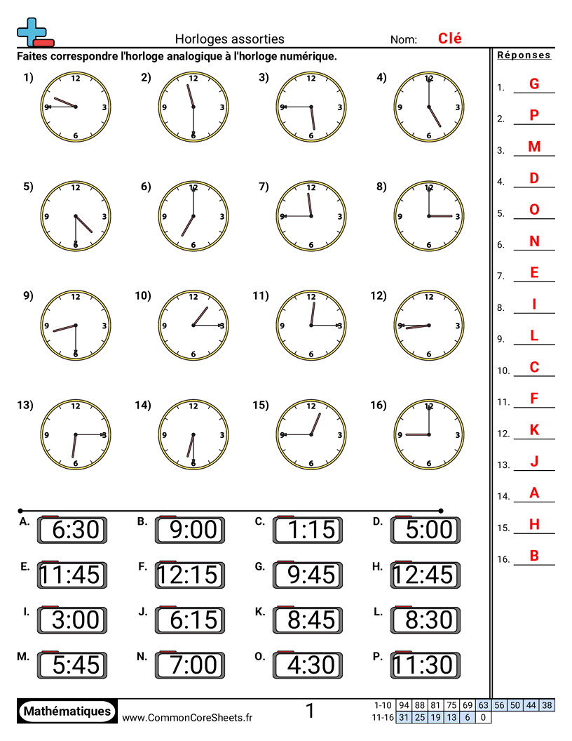 Fiches d'Exercices sur la Mesure du Temps - Associer des horloges (par quarts d’heure) worksheet