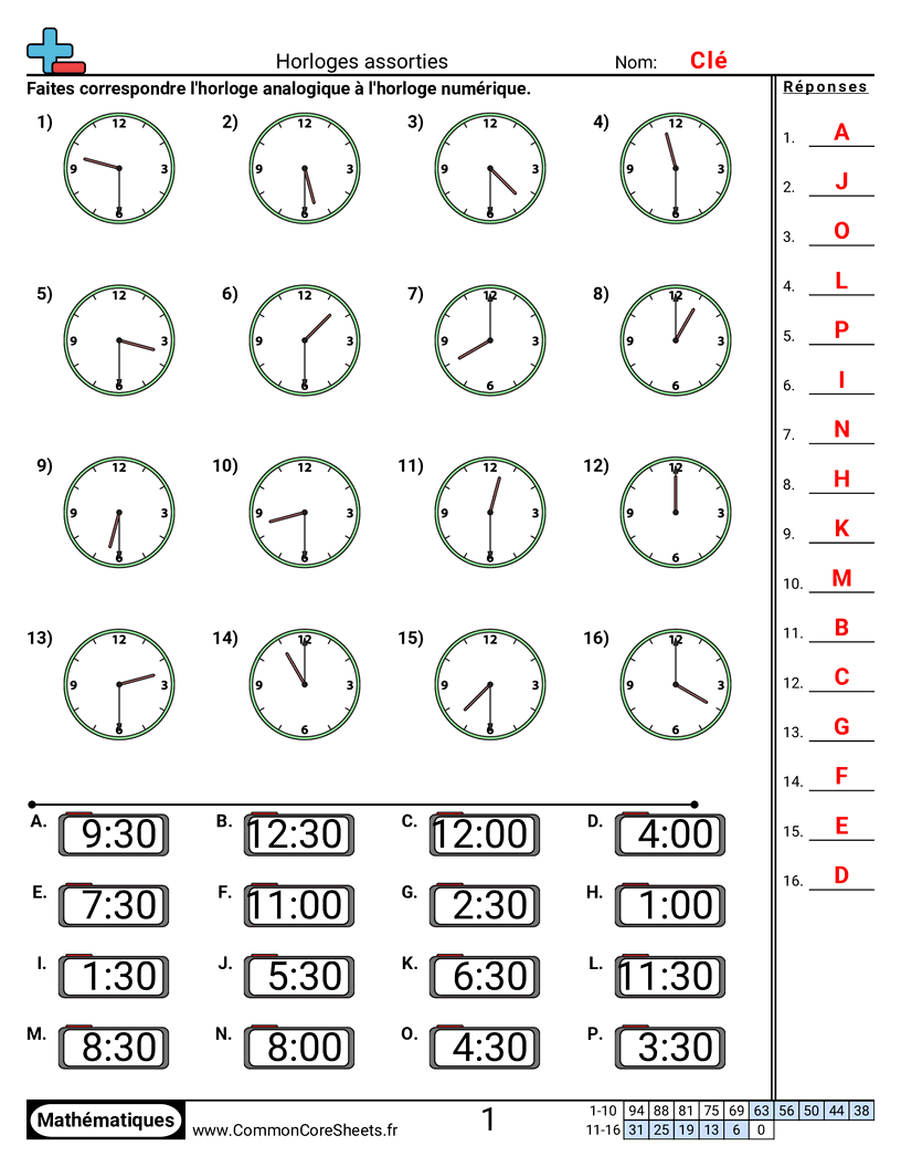 Fiches d'Exercices sur la Mesure du Temps - Associer des horloges (par demi-heures) worksheet