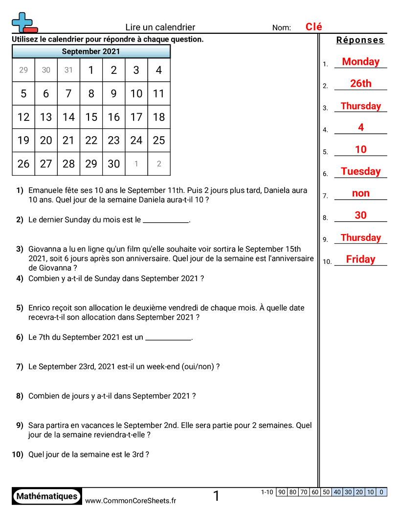 Fiches d'Exercices sur la Mesure du Temps - Lire un calendrier worksheet