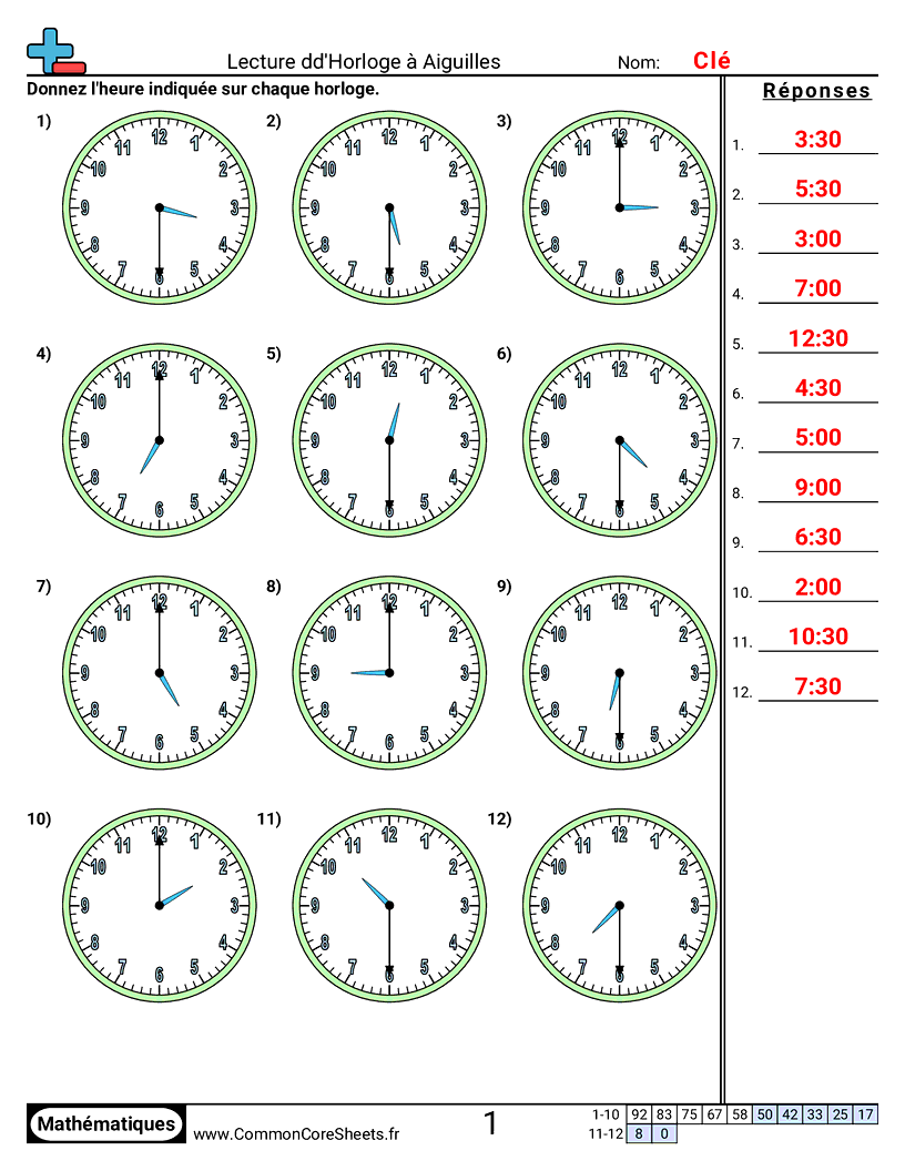 Fiches d'Exercices sur la Mesure du Temps - Lire une horloge (par demi-heures) worksheet