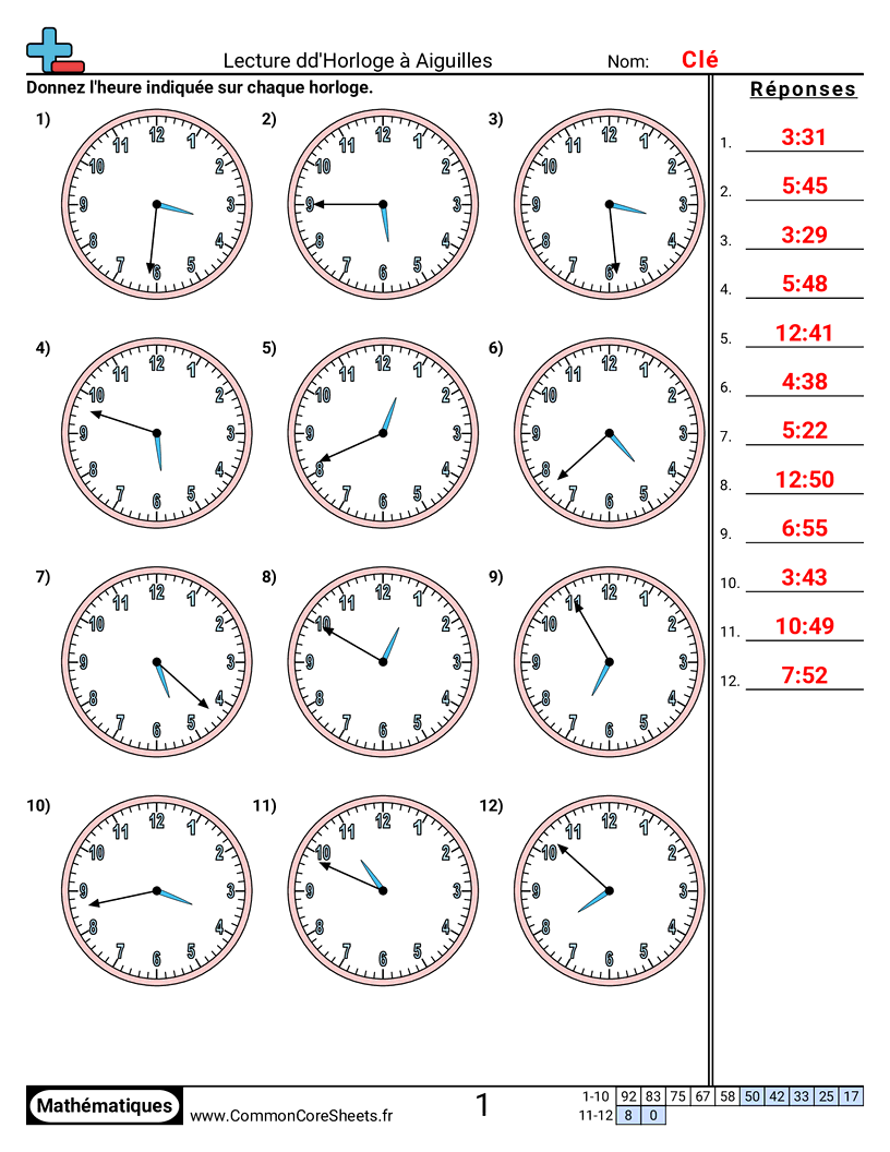 Fiches d'Exercices sur la Mesure du Temps - Lire une horloge (par minutes) worksheet