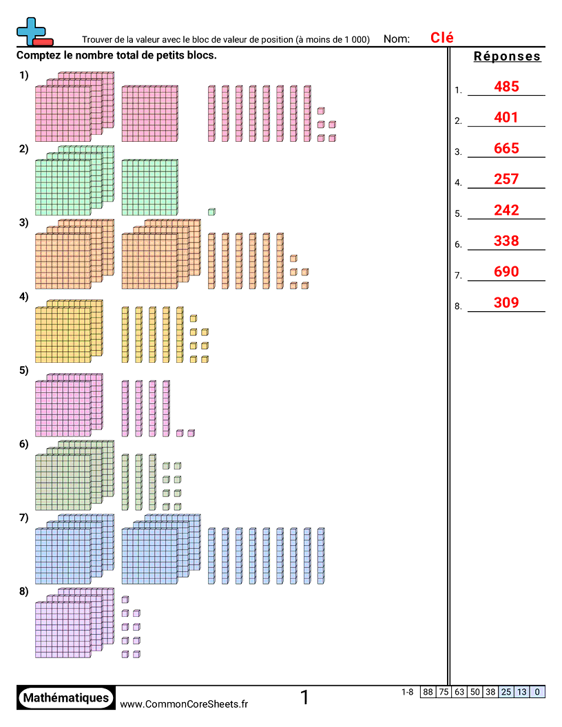 Fiches d'Exercices sur le placement de virgule d'un nombre décimal - Trouver la valeur avec des blocs de valeur de position (jusqu’à 1 000) worksheet